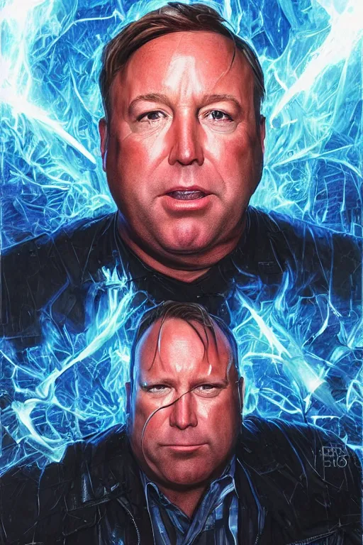 Prompt: uhd hyperrealistic photorealisitc hyperdetailed detailed alex jones smug face, badass, epic, heroic!!!!!! with sparking circuits, studio lighting, by ayami kojima amano karol bak, greg hildebrandt and mark brooks