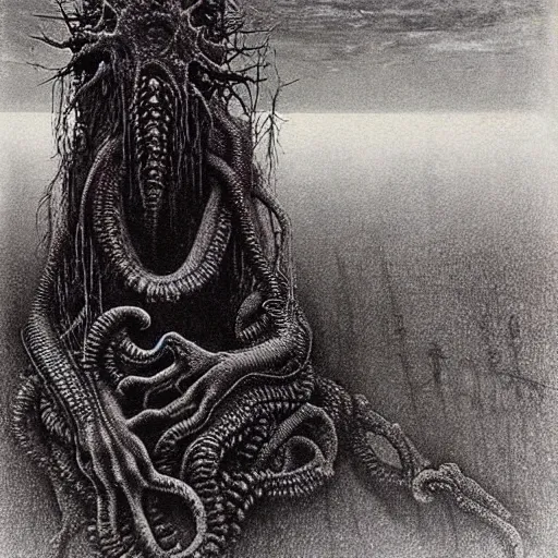 Image similar to A lovecraftian eldritch horror drawn by Beksinski