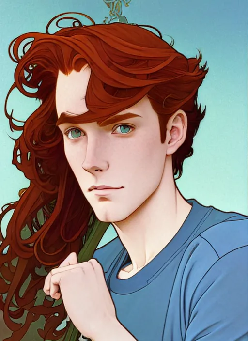 Prompt: well - lit art nouveau portrait of a young man with auburn hair, pale skin, freckles, light blue eyes, casual clothes, natural lighting, path traced, highly detailed, high quality, cartoon, digital painting, by don bluth and ross tran and studio ghibli and alphonse mucha