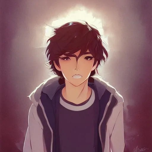 Prompt: portrait of an anime teen boy with long fluffy brown hair, blue eyes. white background. digital art, stylized, by rossdraws, ghibli, greg rutkowski