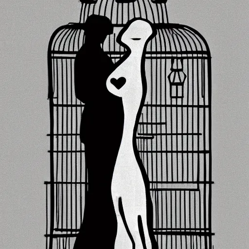 Image similar to two shadowy figures hugging each other in a birdcage, black and white