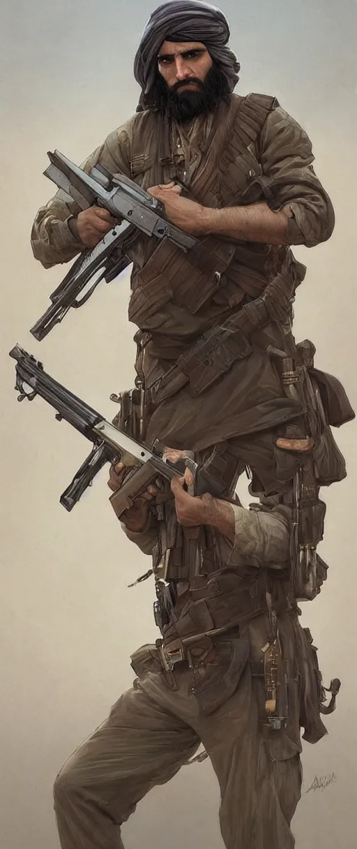 Image similar to male cottagecore taliban leader holding a kalashnikov rifle. intricate, elegant. highly detailed, digital painting, artstation, concept art, smooth, sharp, focus, illustration.. art by artgerm and greg rutkowski and alphonse mucha