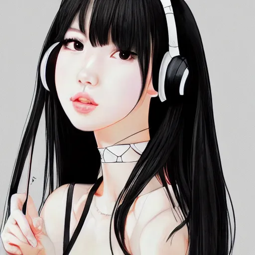 Image similar to realistic detailed semirealism beautiful gorgeous natural cute Blackpink Lalisa Manoban black hair black cat ears, wearing white camisole outfit, headphones, black leather choker artwork drawn full HD 4K high resolution quality artstyle professional artists WLOP, Aztodio, Taejune Kim, Guweiz, Pixiv, Instagram, Artstation