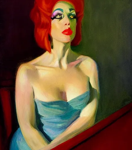 Image similar to a high quality, high detail, portrait of a drag queen by edward hopper, intense look in the eyes, moody, nostalgic