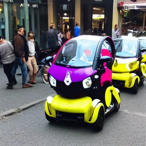 Image similar to photo of a clown driving a renault twizy in traffic jam,