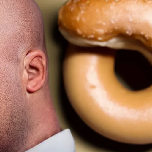 Image similar to a photo of a balded man arguing at a donut, close up, photorealistic