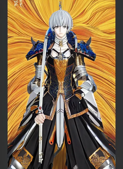 Image similar to key anime visual portrait of a woman knight in ceremonial armor 3 / 4 angle pose, face by murata range, armor designed by gutsav klimt