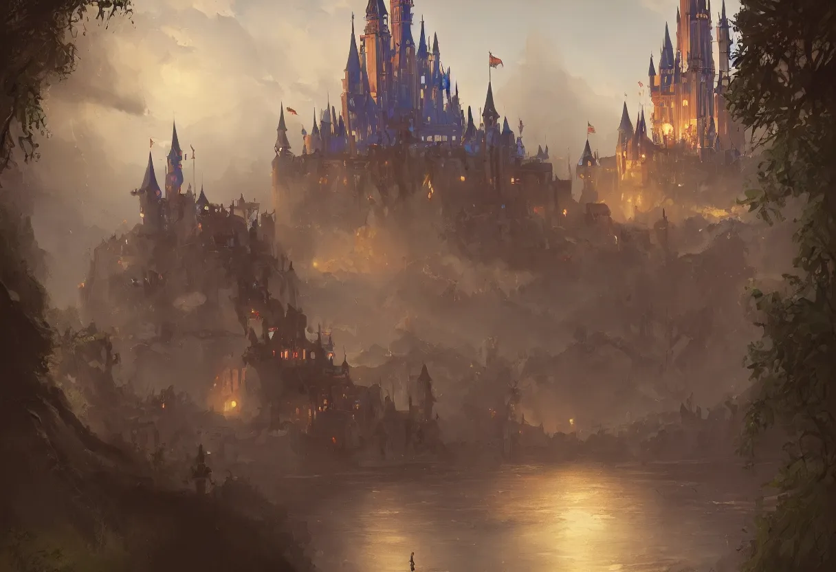 Prompt: a painting of disney castel trending on artstation in the style of greg rutkowski