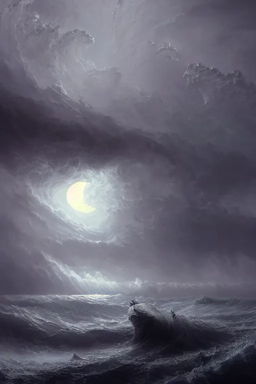 Image similar to A stunning detailed Shoggoth by Tomasz strzalkowski and Ivan Aivazovsky, stormy ocean, beautiful lighting, full moon, detailed swirling water tornado, artstation