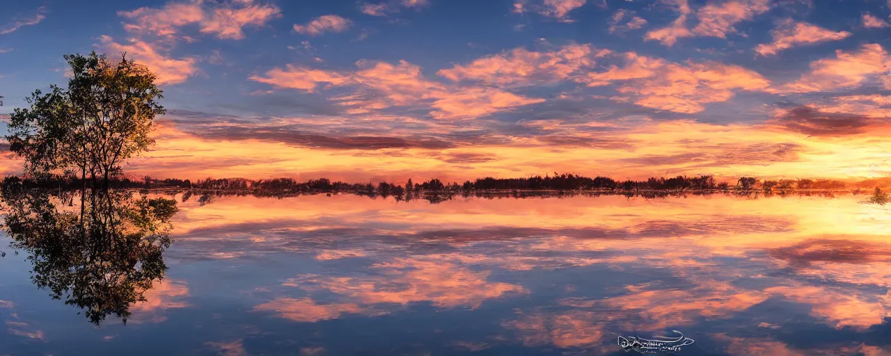 Image similar to Nature, photorealistic image, 4k, reflections, landscape, sunset, water