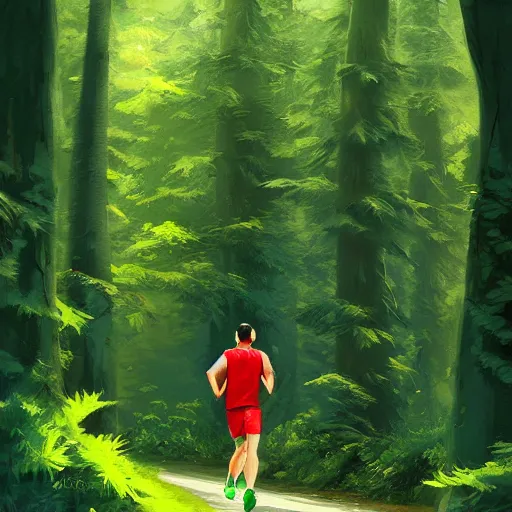 Prompt: a sporty guy runs alone through a forest with tall trees, acid-green sneakers, a photo from the back in perspective, art by Andreas Rocha,