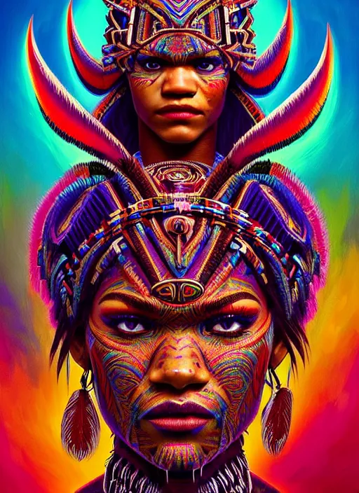 Image similar to portrait of zendaya, hyper detailed ultra sharp aztec shaman warrior. trending on artstation, warpaint aesthetic, bloodwave, colorful, psychedelic, ornate, intricate, digital painting, concept art, smooth, sharp focus, illustration, art by artgerm and greg rutkowski and h. r. giger, 8 k