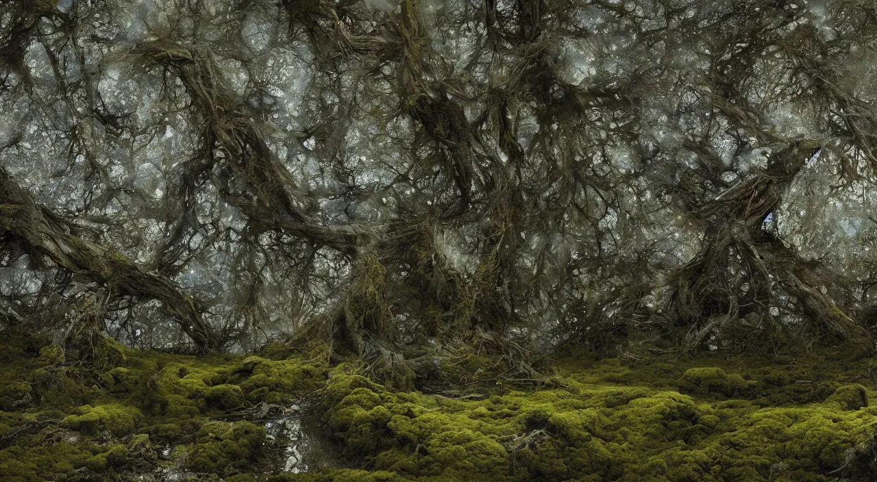 Prompt: 65-year-old moss-covered Gaia, crying one single tear, facing the camera and sitting on a dried up river in a desolate land, dead trees, blue sky, hot and sunny, highly-detailed, elegant, dramatic lighting, artstation, 4k, cinematic landscape, photograph by Elisabeth Gadd