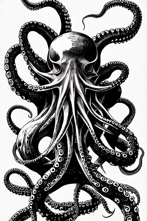 Image similar to side view of an octopus sitting on pile of skulls, high details, bold line art, by vincent di fate and joe fenton, inking, etching, screen print, masterpiece, trending on artstation, sharp, high contrast, hyper - detailed, hd, 4 k, 8 k