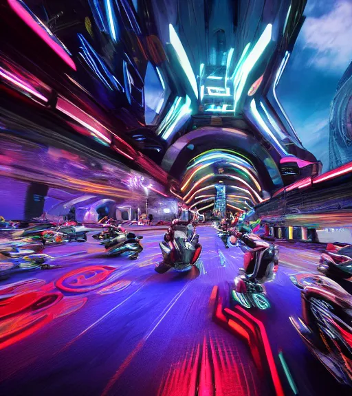 Image similar to extremely psychedelic tron legacy crowded motorcycle race to the ancient and majestic tower of babylon destroyed, hyper realistic, ambient lighting, concept art, intricate, hyper detailed, trakovsky greatest scene, smooth, dynamic volumetric lighting, octane, raytrace, cinematic, high quality, high resolution, 4 k, cgsociety, rutkowski, gurney