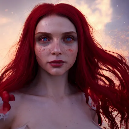 Prompt: nymph render of very beautiful 3d scarlet witch, long hair, hazel eyes, cute freckles, full round face, short smile, golden hour, apocalyptic setting, medium shot, mid-shot, highly detailed, trending on Artstation, Unreal Engine 4k