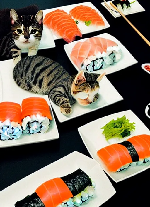 Image similar to clear photorealistic picture of adorable cats made out of sushi