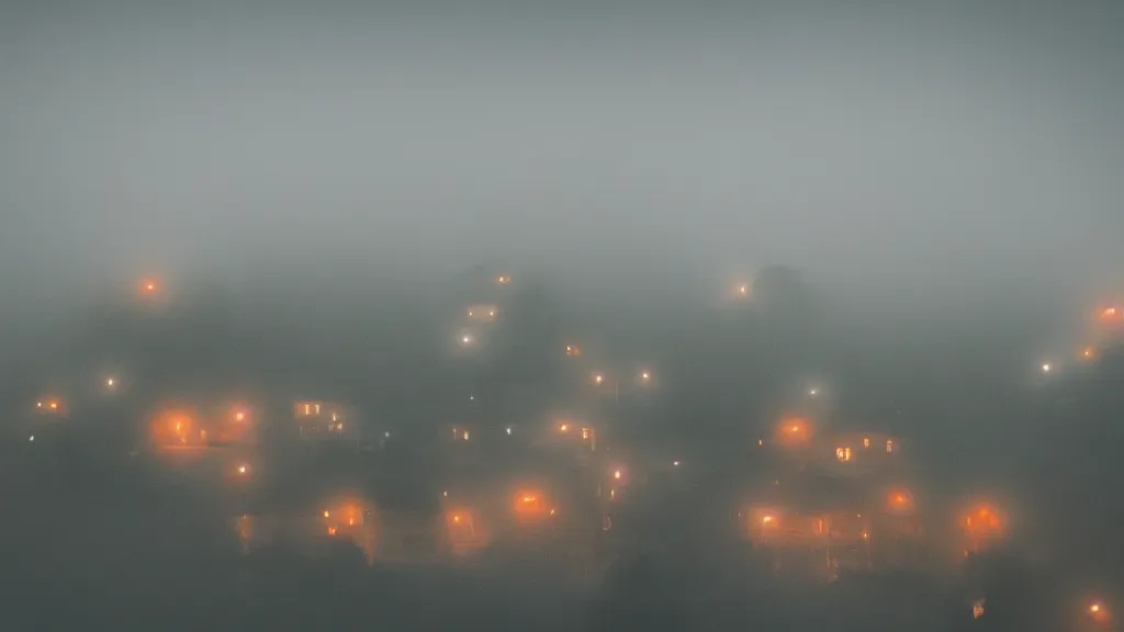 Prompt: village with many beautiful houses in the fog, fog, volumetric lighting, mystique, atmospheric, conept art, teal and orange, sharp focus, ultra detailed, noir arthouse, 4 k, cinematic, 3 5 mm