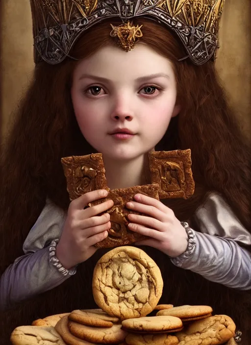 Image similar to highly detailed closeup portrait of a fairytale medieval princess eating cookies, unreal engine, nicoletta ceccoli, mark ryden, lostfish, earl norem, global illumination, god rays, detailed and intricate environment