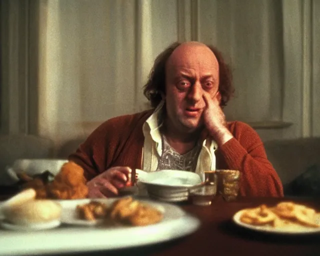 Prompt: 1 9 7 9 a soviet movie still a joseph brodsky sitting at a table with a plate of food in dark warm light, a character portrait by nadya rusheva, perfect symmetric coherent face, featured on cg society, neo - fauvism, movie still, 8 k, fauvism, cinestill, bokeh, gelios lens