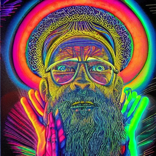 Image similar to Terence McKenna reincarnated as a magic mushroom. in style of Alex Grey, highly detailed, blacklight poster