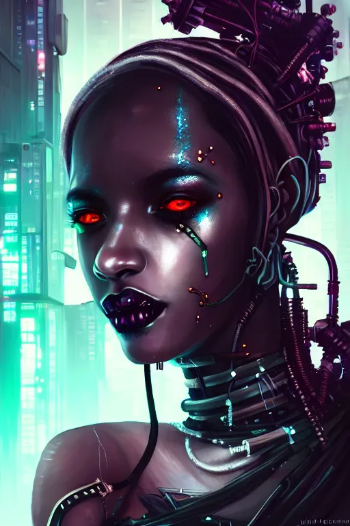 Image similar to soft lustrous ebony goddess biotech raver gutter punk gothic cyborg, cyberpunk city, urban decay, decay, underworld, dark art, highly detailed, digital painting, octane render, artstation, concept art, smooth, sharp focus, illustration, art by artgerm, loish, wlop