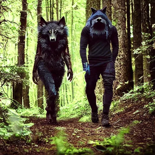 Image similar to ! werecreature consisting of a! human and wolf, photograph captured in a forest