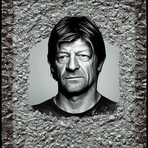 Image similar to a portrait of of sean bean constructed from beans, collage, drop shadow, organic, layered composition, layers, texture, mcu, petals, highly textured, layered, sculpted, dynamic,