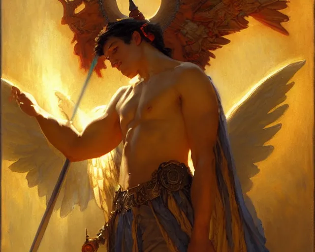 Image similar to attractive angel male deity, casting magic, summoning handsome lucifer morning star. highly detailed painting by gaston bussiere, craig mullins, j. c. leyendecker 8 k