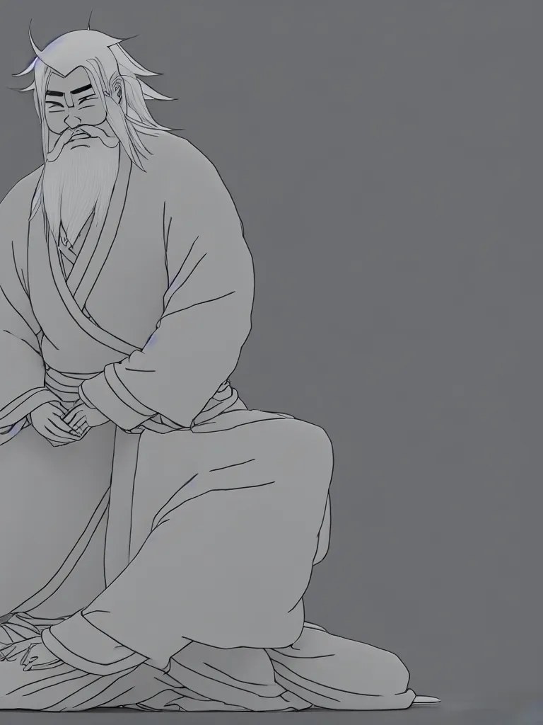 Prompt: the whole body of fuxi in chinese mythology, long white hair, long white beard, wu geng period animation style from china, wearing a grey robe, in style of makoto shinkai, raphael lacoste, akihito tsukushi, kind and solemn, sit on the ground, 3 d render, hyper detailed, 4 k hd