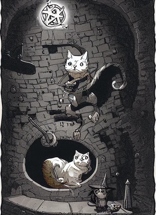 Image similar to highly detailed, hyper realistic wizard cat with a dungeon background by mike mignola