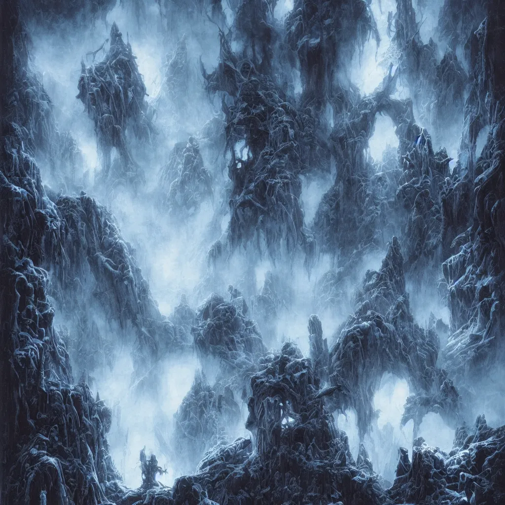 Prompt: haunted mountains of madness at night, upward cinematic angle, by rodney matthews, michael kaluta and bill sienkiewicz, ghostly darkness, thick lush winter atmosphere, stunning composition, screaming skull faces, intricate, dark eerie night color scheme, elegant, digital art, hyperdetailed, colorful hyperrealism, brilliant photorealism, horror, masterpiece, 4k