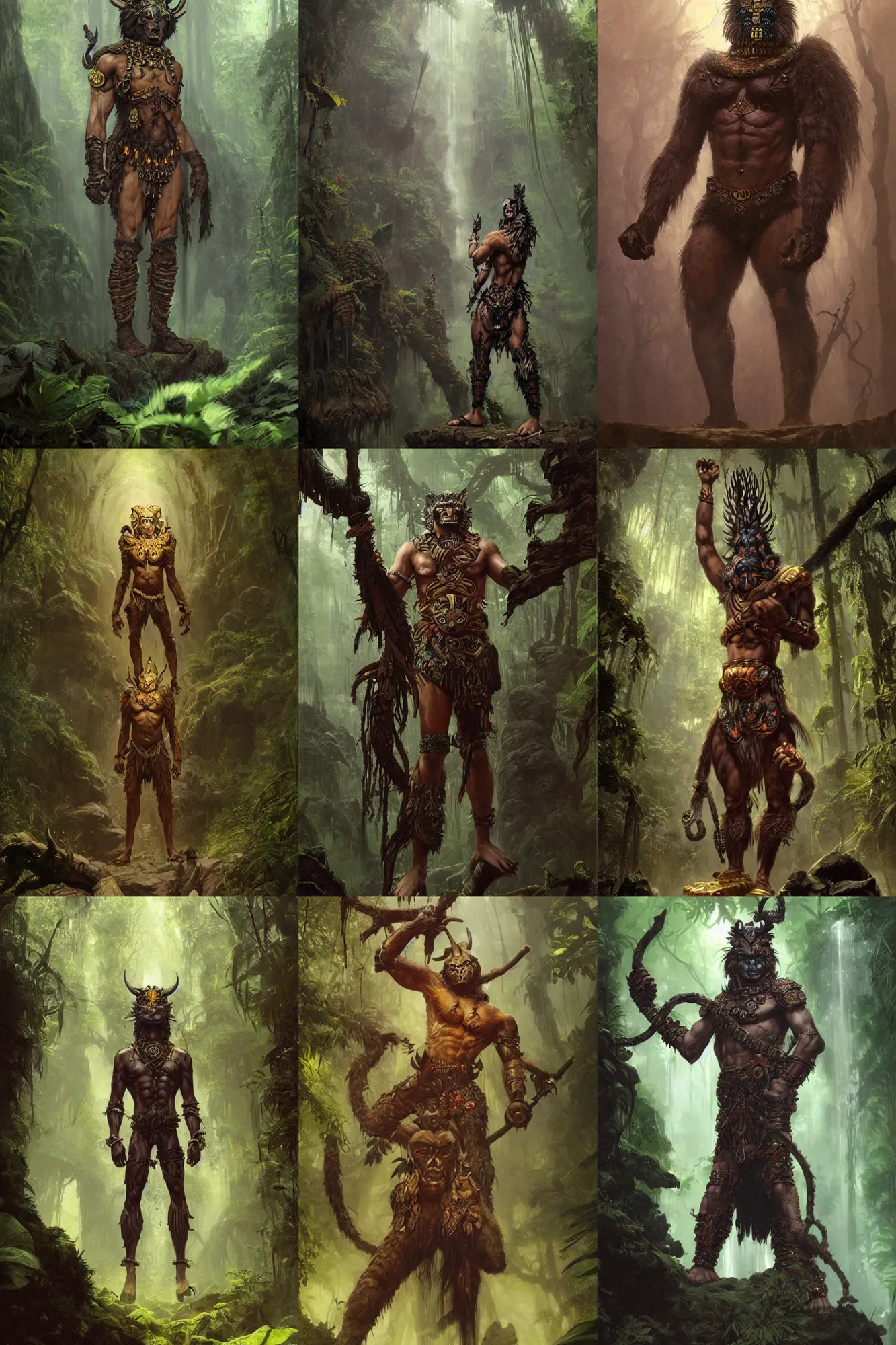 Prompt: An epic fantasy character art full portrait of a furry god Tezcatlipoca standing in rainforest by Greg Rutkowski, Frank Frazetta, Boris Vallejo, very very beautiful, Exquisite detail, post-processing, masterpiece, cinematic, coliseum