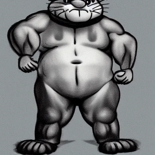 Image similar to garfield as a body builder with clothing