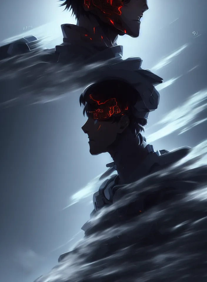 Image similar to a detailed manga illustration character full body portrait of a dark haired cyborg anime man shrouded in clouds of dark smoke and fire, trending on artstation, digital art, 4 k resolution, detailed, high quality, sharp focus, hq artwork, insane detail, concept art, character concept, character illustration, full body illustration, cinematic, dramatic lighting