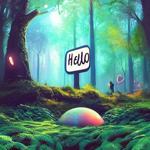 Image similar to a sign that says 'Hello World', fairy forest, by Beeple, RHADS, and Greg Rutkowski, trending on artstation, unreal engine, 4k, high quality render, digital art