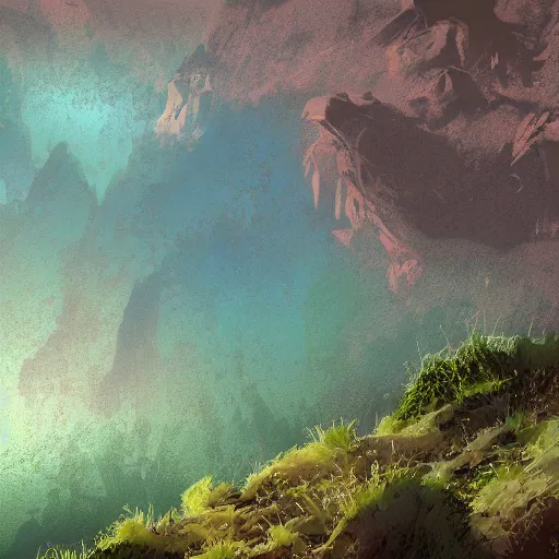 Image similar to artistic digital artwork of a lush natural scene on an alien planet. beautiful landscape by lurid ( 2 0 2 2 ). weird vegetation. cliffs and water. grainy and rough. interesting pastel colour palette. beautiful light. oil and water colour based on high quality render.