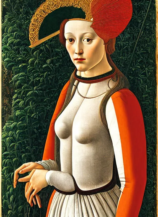 Image similar to portrait of young woman in renaissance dress and renaissance headdress, art by sandro botticelli