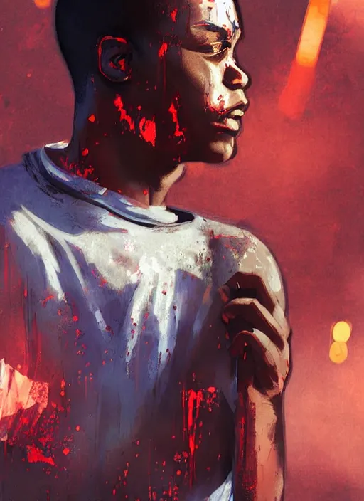 Prompt: manga cover, bloodied bald african-american male teenager wearing a white tank-top, intricate cyberpunk city, emotional lighting, character illustration by tatsuki fujimoto