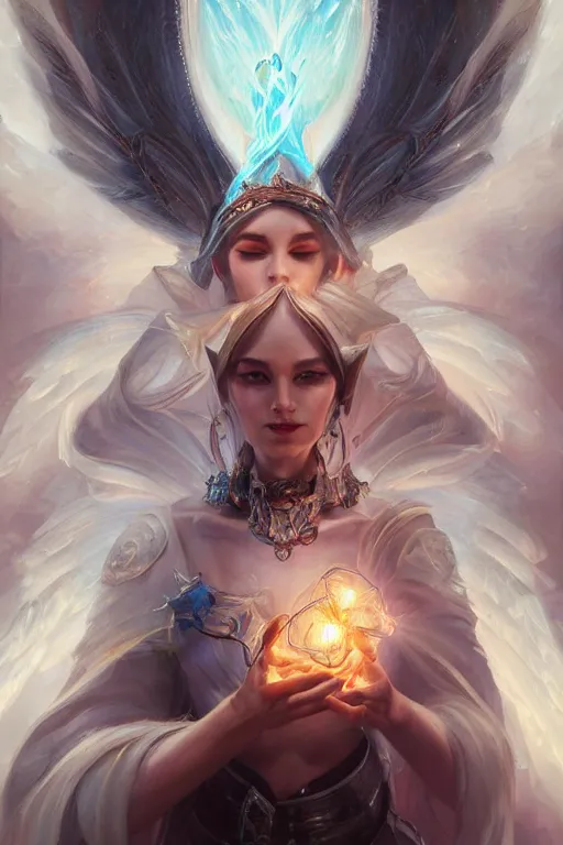 Image similar to portrait of a beautiful elf casting magic spell holding diamonds, angel, fantasy, dramatic lighting, highly detailed, digital painting, holding electricity, magic the gathering, hyper detailed, 3 d render, hyper realistic detailed portrait, peter mohrbacher, wlop, ruan jia