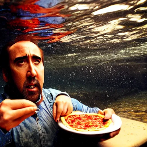 Image similar to Nicolas Cage eating pizza underwater, photograph