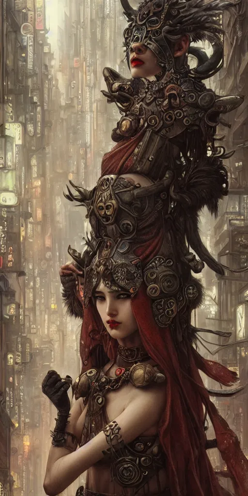 Image similar to hyper realistic Princess Mononoke, ornate mask, wet market street, cyberpunk metropolis, city landscape, jewels, style of tom bagshaw, mucha, james gurney, norman rockwell, denoised, sharp