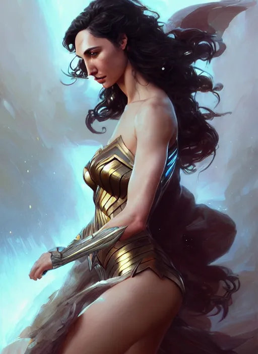 Prompt: gal gadot, digital art by artgerm and greg rutkowski, gaston bussiere, sakimi chan and android jones and karol bak, cinematic lighting, trending on artstation, volumetric dust, intricate, elegant