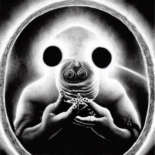 Image similar to a tardigrade experiencing its third eye pineal gland exploding out of the front of his forehead as he is able to perceive all of the thoughts of mankind. body horror. by gerald grom and ansel adams.