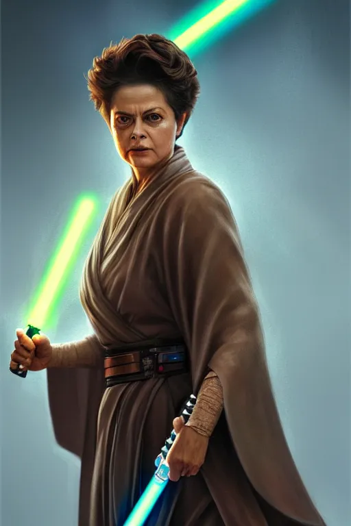 Image similar to breathtaking detailed concept art painting of a jedi dilma rousseff holding a lightsaber, by hsiao - ron cheng, exquisite detail, extremely moody lighting, 8 k