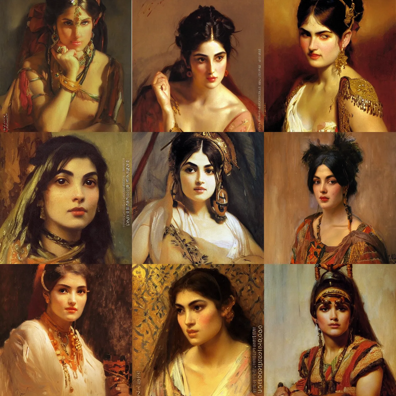 Prompt: orientalism painting of a pretty young woman with thick eyebrows face detail by theodore ralli and nasreddine dinet and anders zorn and edwin longsden long, bronze age, sword and sorcery, oil on canvas, masterful intricate artwork, excellent lighting, high detail 8 k