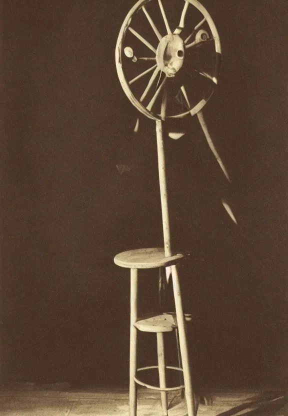 Image similar to a spinning wheel sitting on top of a stool, a surrealist sculpture by marcel duchamp, archival pigment print, 1 9 1 4, conceptual art, artwork, academic art, surrealist