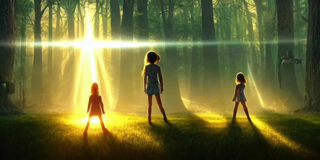 Image similar to sci - fi scene future new york, little girl alone holding onto the outstretched hand of a giant robot, forest punk, little girl meets robot, crepuscular rays, epic scene, hyper realistic, photo realistic, overgrowth, cinematic atmosphere, ethereal lighting,