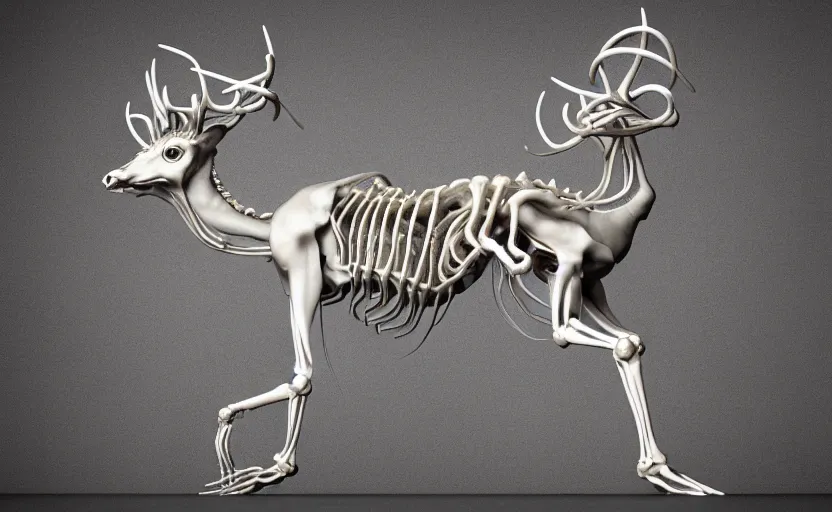 Image similar to stylized shiny polished silver statue full body extra limbs bizarre cosmic horror quadruped animal deer skull four legs made of marble of slug creature tendrils, perfect symmetrical body, perfect symmetrical face, hyper realistic, hyper detailed, by johannen voss, by michelangelo, octane render, blender, 8 k, displayed in pure white studio room