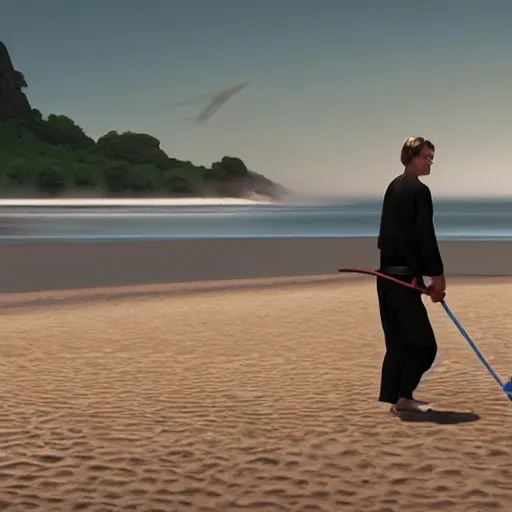 Image similar to anakin skywalker vacuuming the beach for sand, 4k, photorealistic,